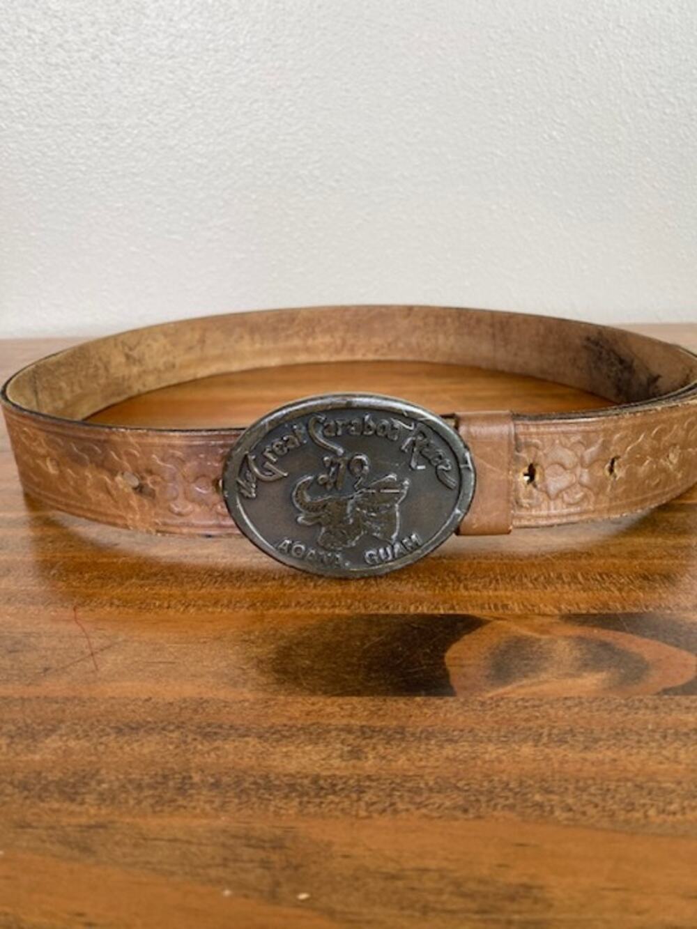Vintage Leather Belt and Belt Buckle "The Great Caraboa Race" 1979